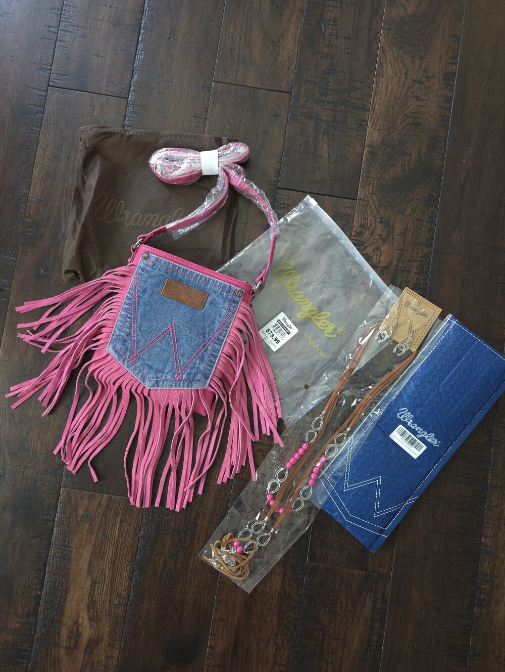 NWT. Wrangler Denim & Pink Fringe Crossbody Bag w/ Necklace & Earring Set. #SW